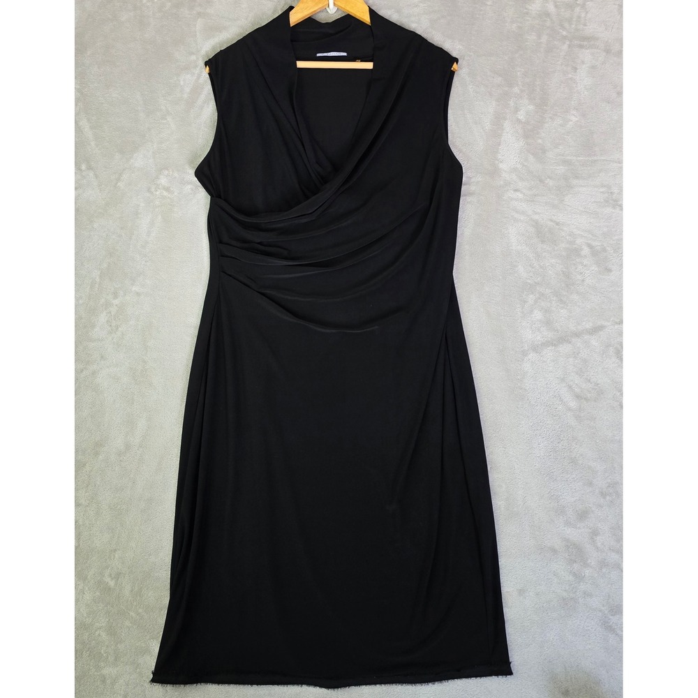 T Tahari Black Sleeveless Ruched Surplice Sheath Dress‎ Eyelash Hem Size L